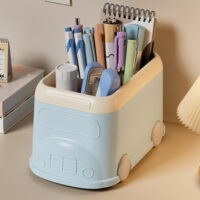 Desktop Pen Holder Bus-shaped Multifunctional Pen Holder Large Capacity Office Supplies Organizer for Southeast Asian Buyers 3 Compartments Pen Holder