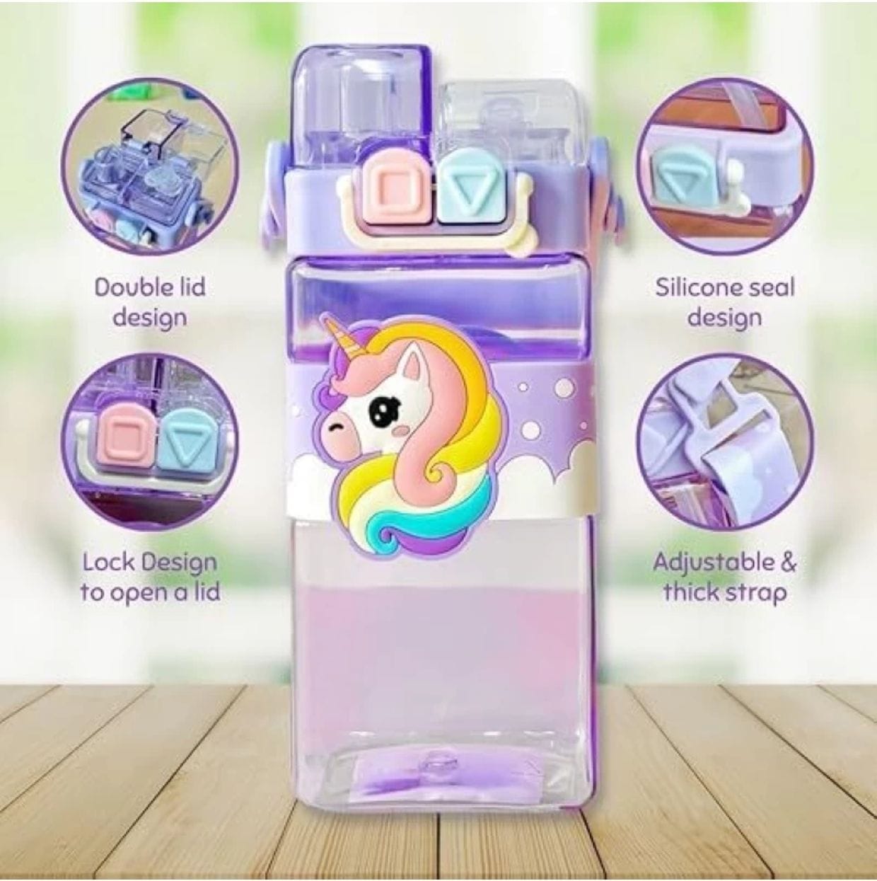 Unicorn print purple plastic water bottle with Handle 550 ml - Image 2